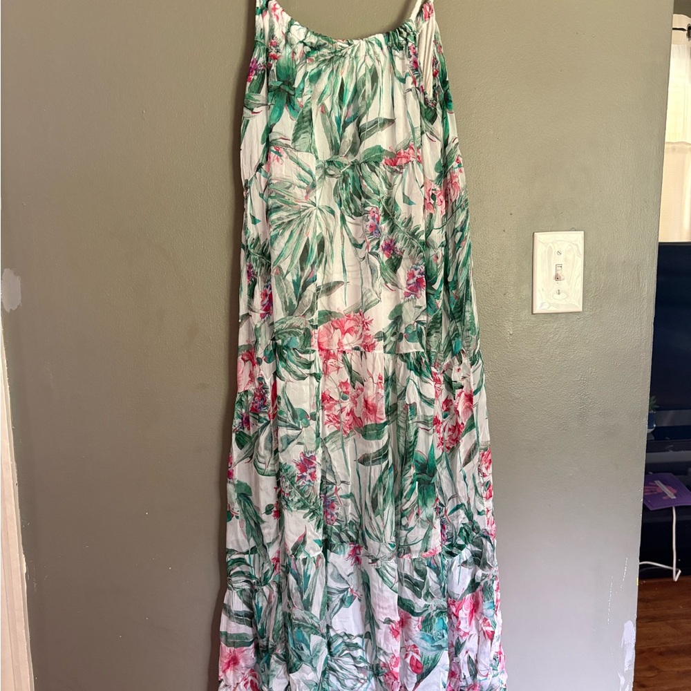 White Tropical Floral Maxi Dress with Green and Pink Leaf Print